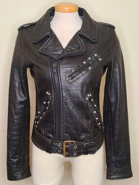 Vintage Rare Robin's Jean Black Leather Studded Moto Jacket - Small